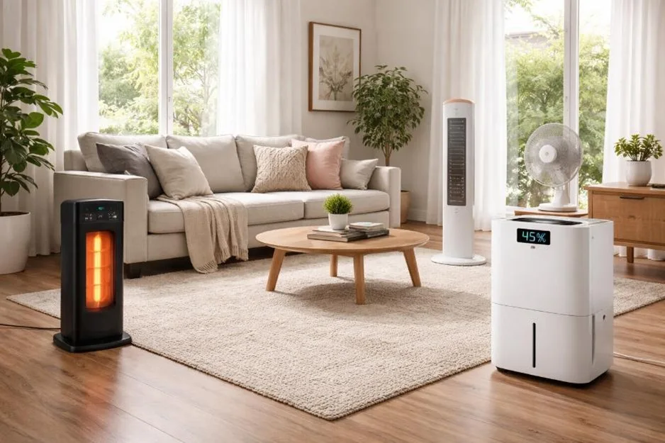 A light-filled living room with home comfort appliances